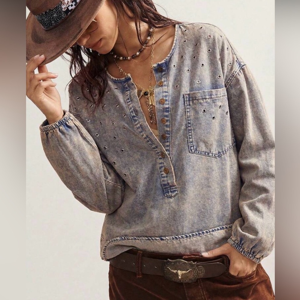 Boho top Acid Washed Grey Eyelet Henley Top long sleeve oversized